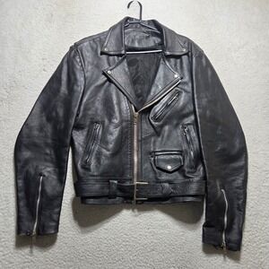 Vintage 70s Empire Leather Jacket Mens L Black Biker Moto Belted Punk Rock Goth